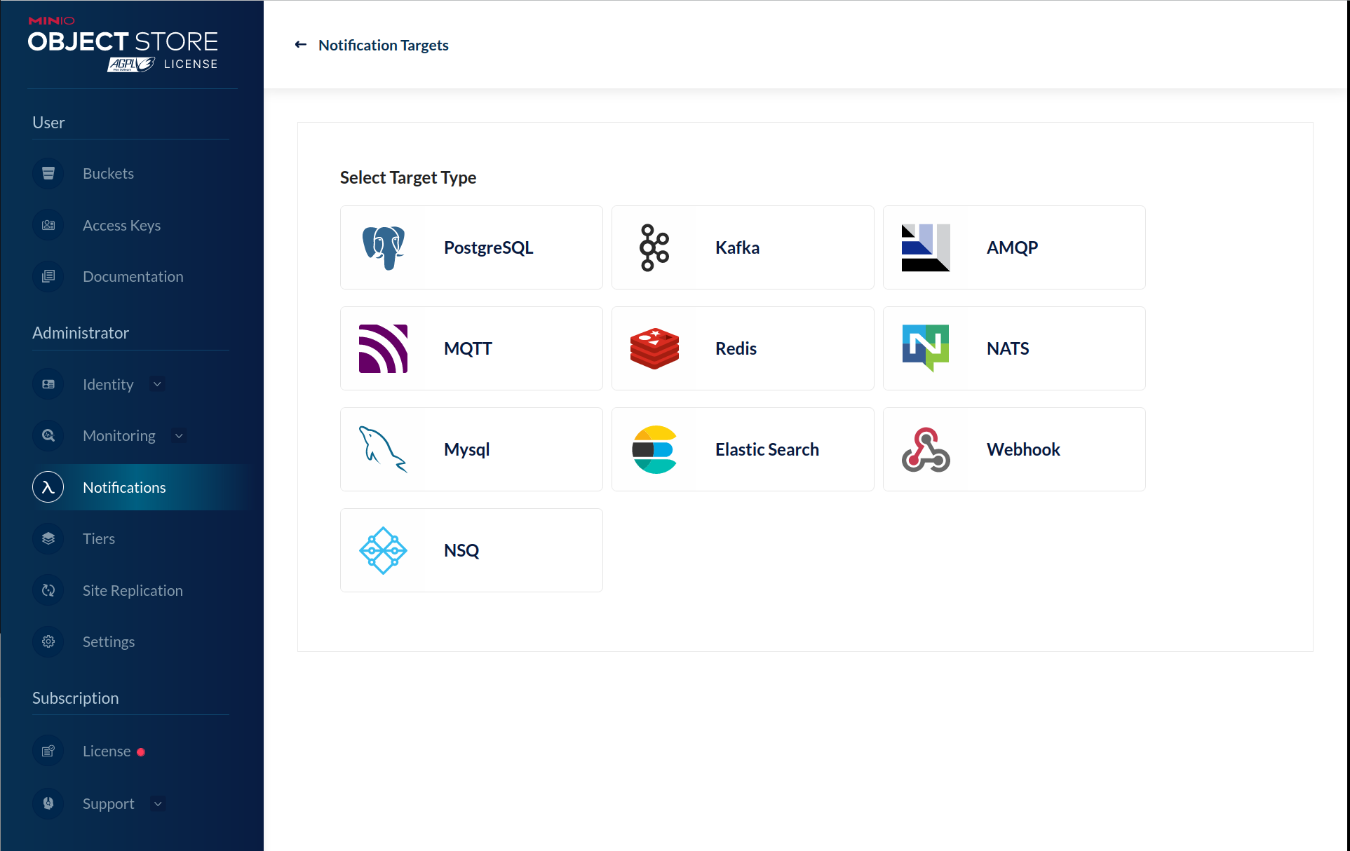 The MinIO Console's Notification screen after selecting add new target that shows the types of destination targets users can add.