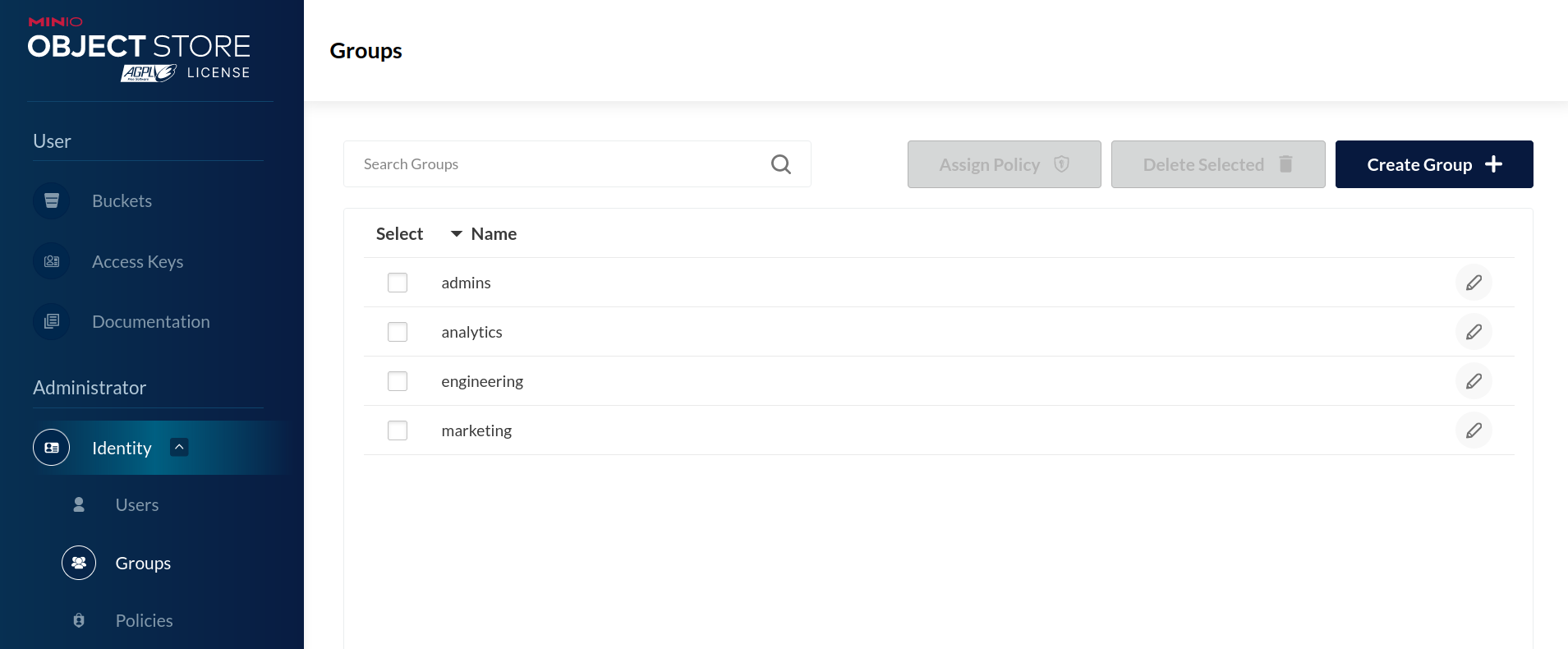MinIO Console Manage Groups