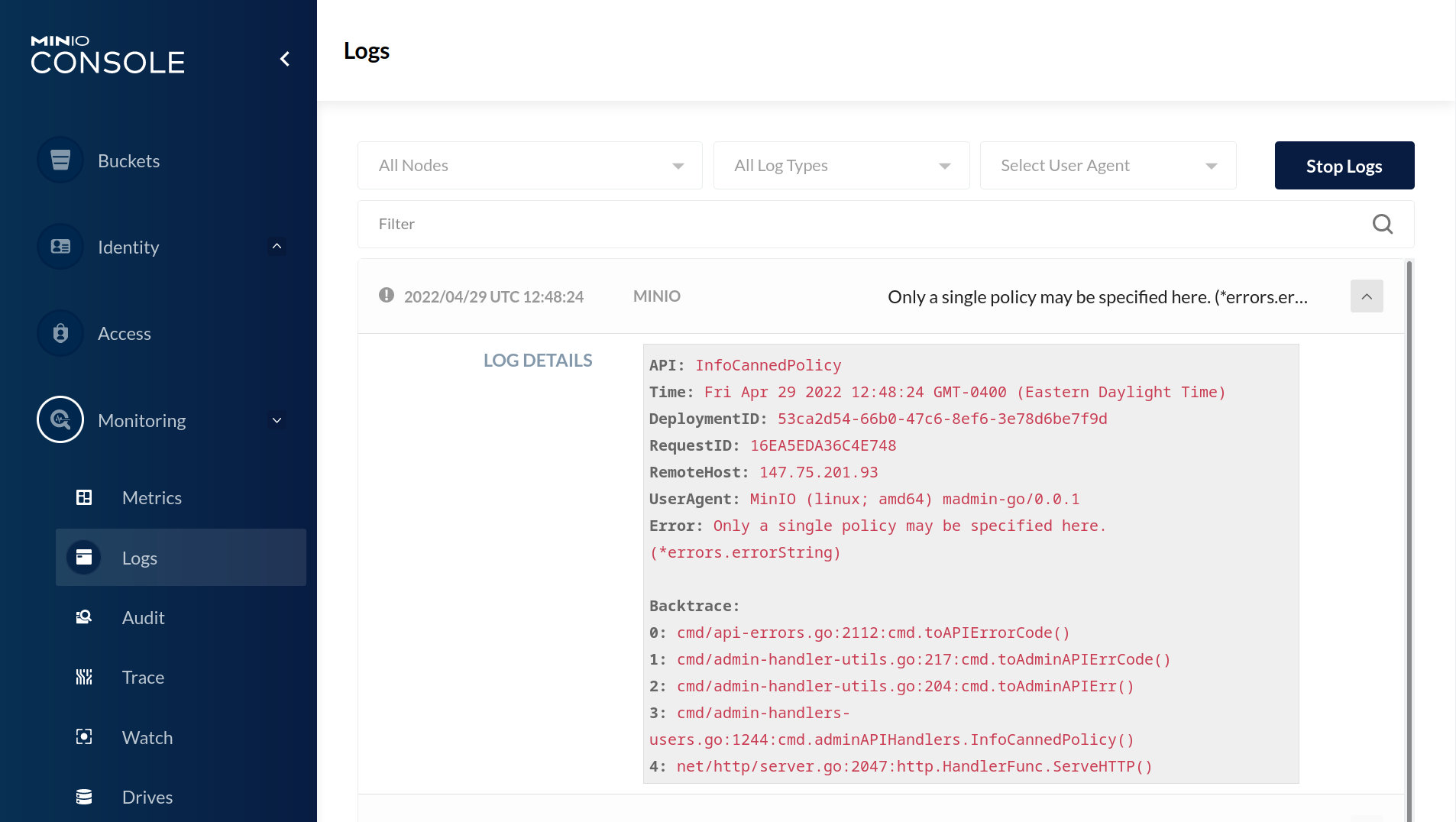 MinIO Console Logs displaying a list of server logs
