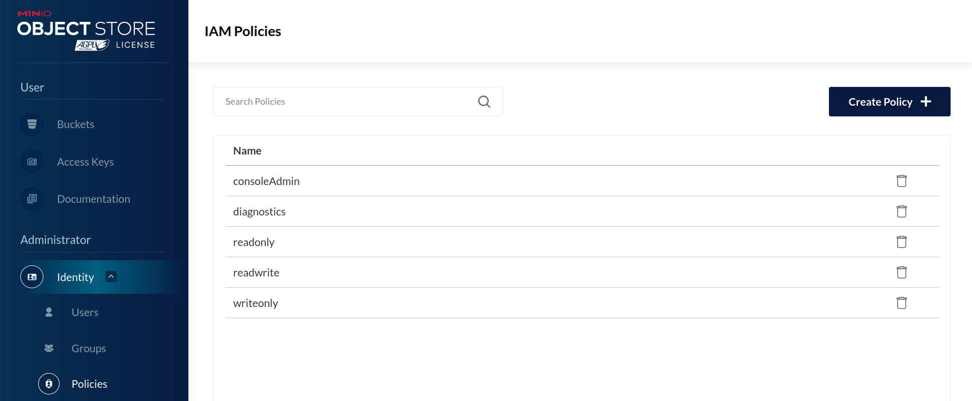 MinIO Console Manage Policies