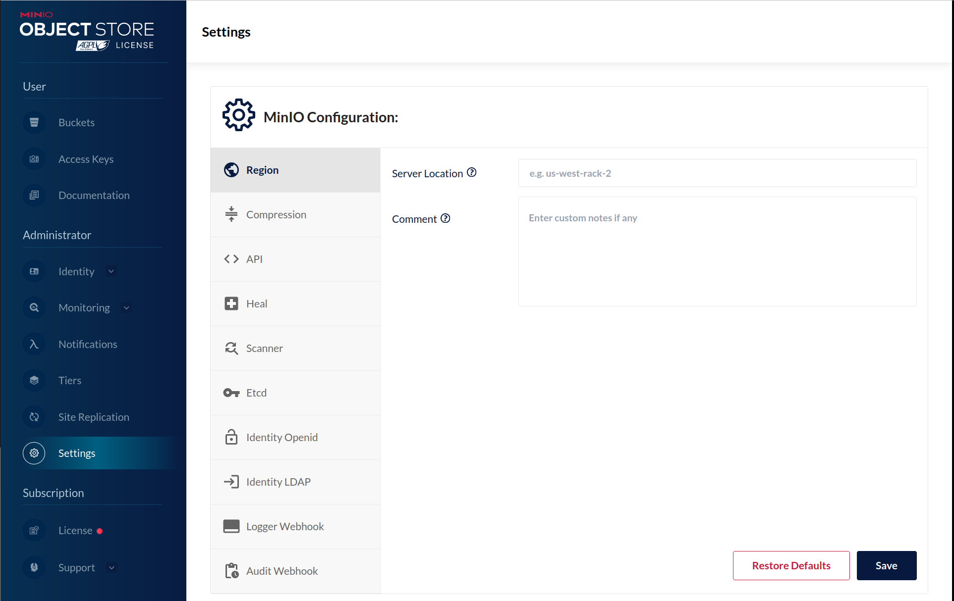 MinIO Console Settings - Configuration View