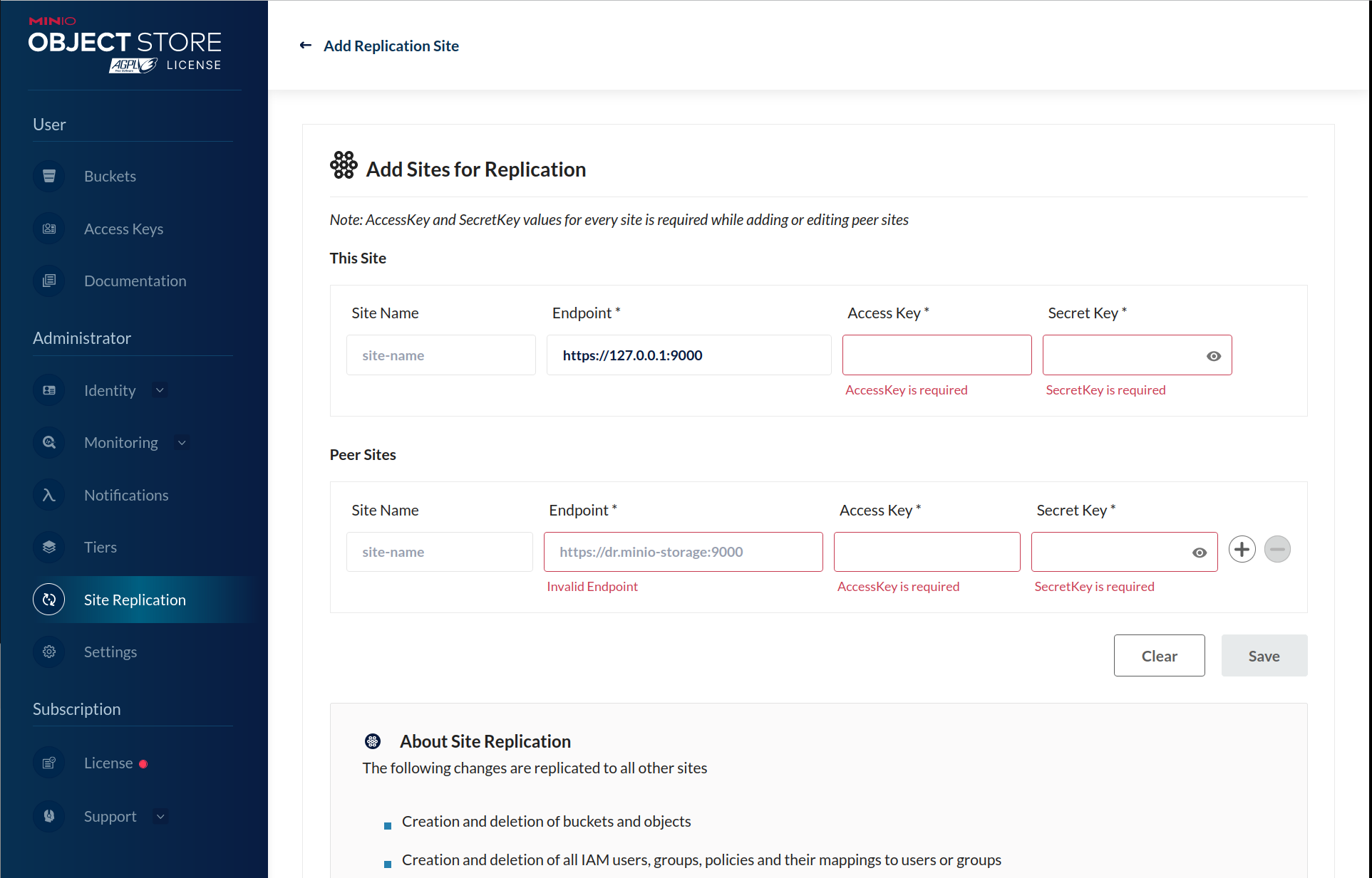 MinIO Console Settings - Site Replication