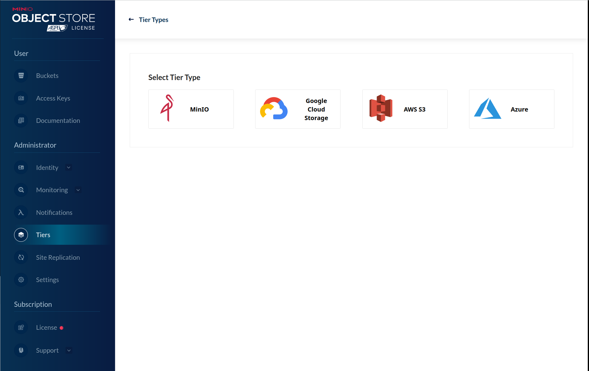 MinIO Console Settings - Tiering