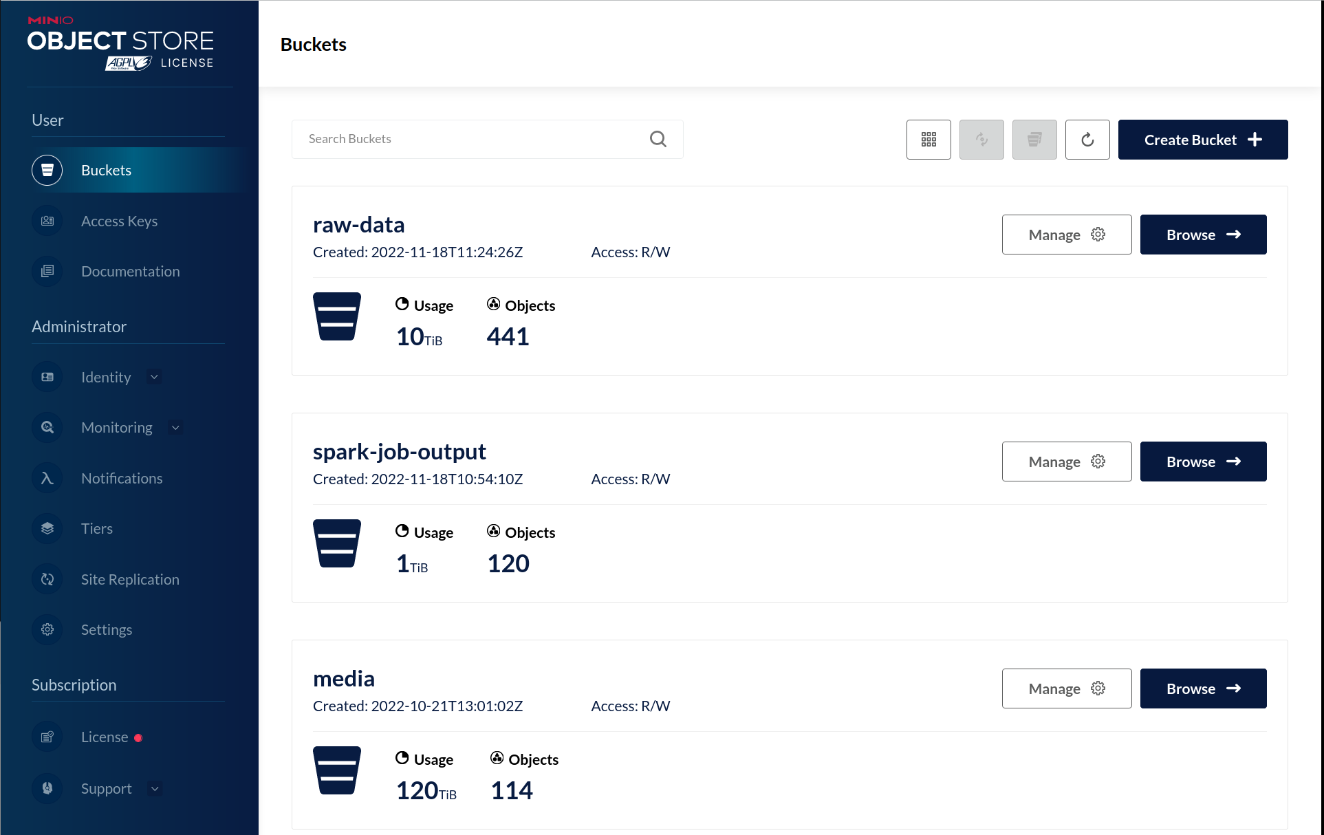 MinIO Console Landing Page provides a view of Buckets on the deployment