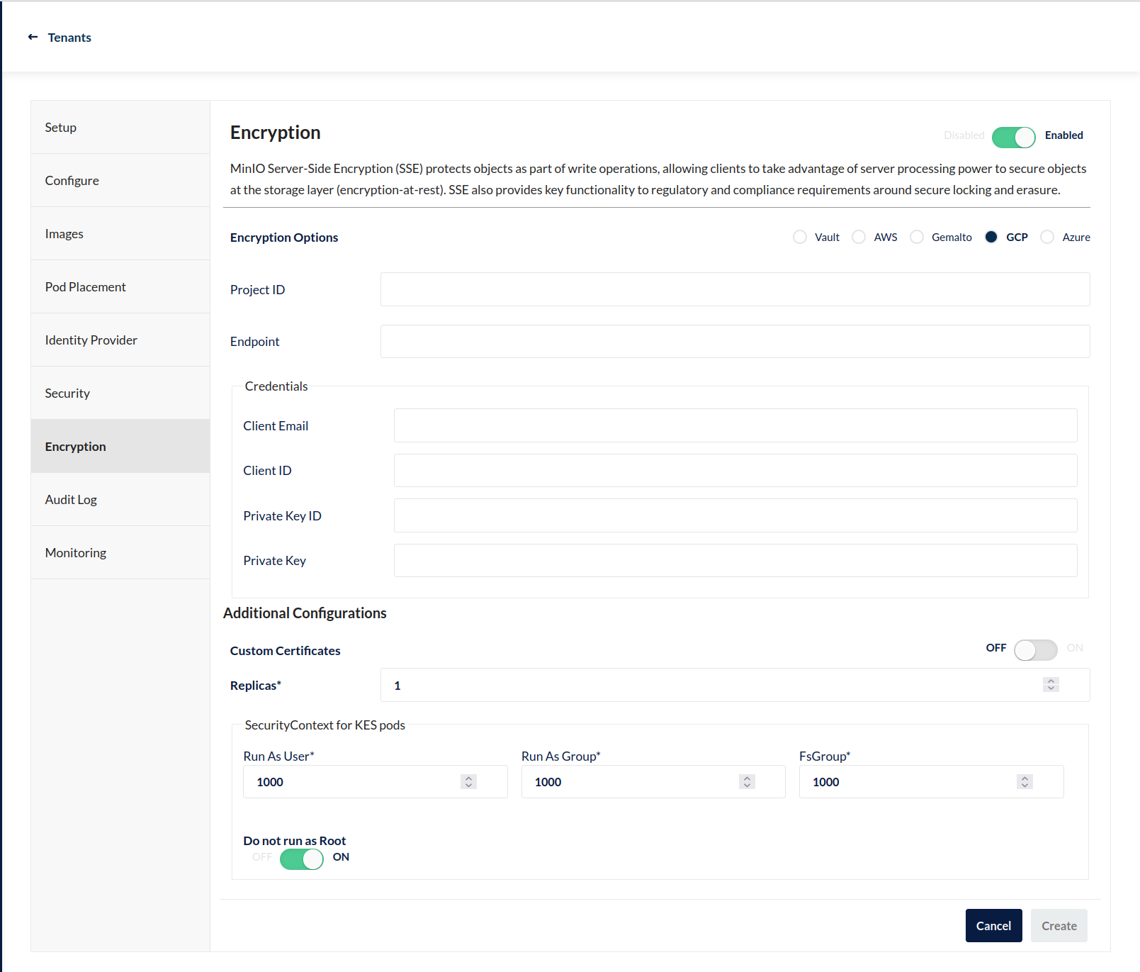 MinIO Operator Console - Create a Tenant - Encryption Section - GCP