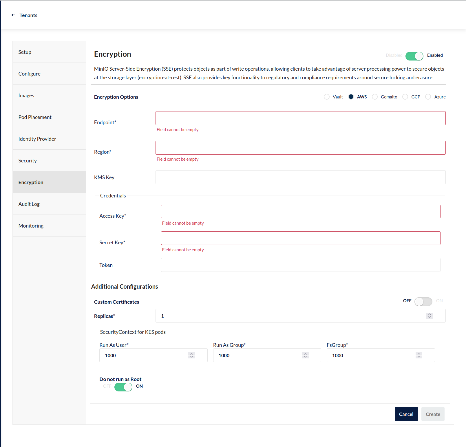 MinIO Operator Console - Create a Tenant - Encryption Section - AWS Key Management Service
