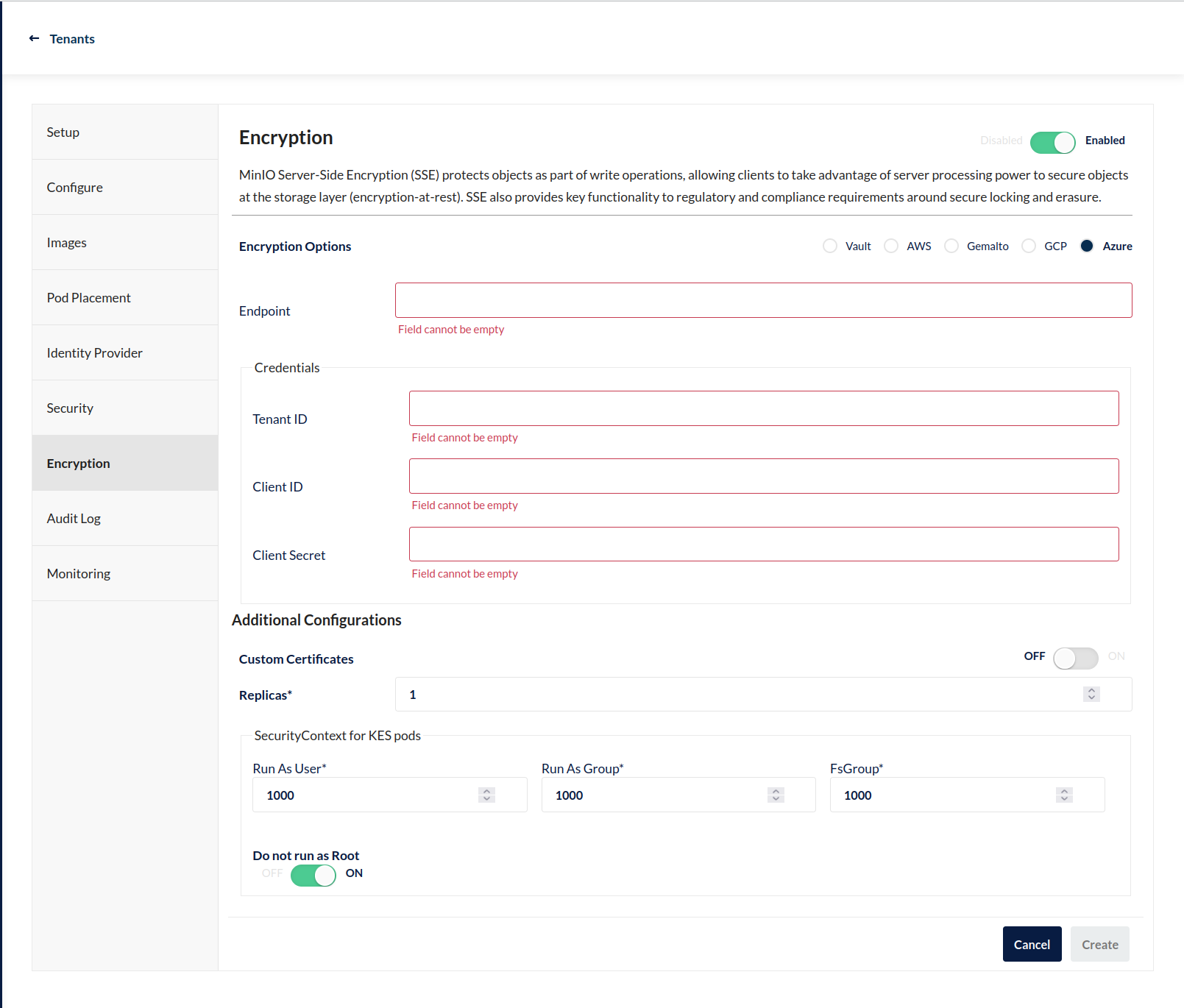 MinIO Operator Console - Create a Tenant - Encryption Section